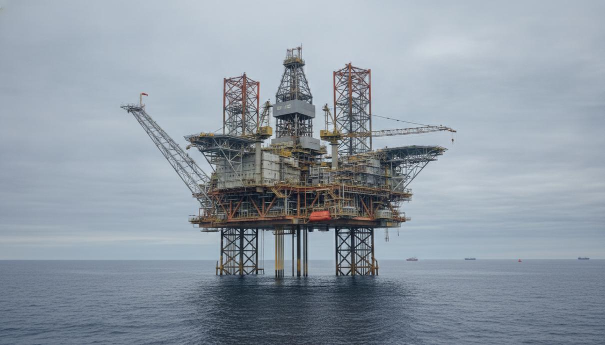 Serica Energy купила газовые активы Spirit Energy в Северном море Газовая добывающая платформа в Северном море. Стальные конструкции на фоне серого неба и спокойного моря.