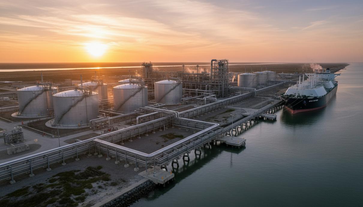 Cheniere и Petrobras заключили 22-летний контракт на поставку СПГ Завод по сжижению природного газа на побережье США. Крупные резервуары для хранения СПГ и пришвартованный у терминала газовоз.