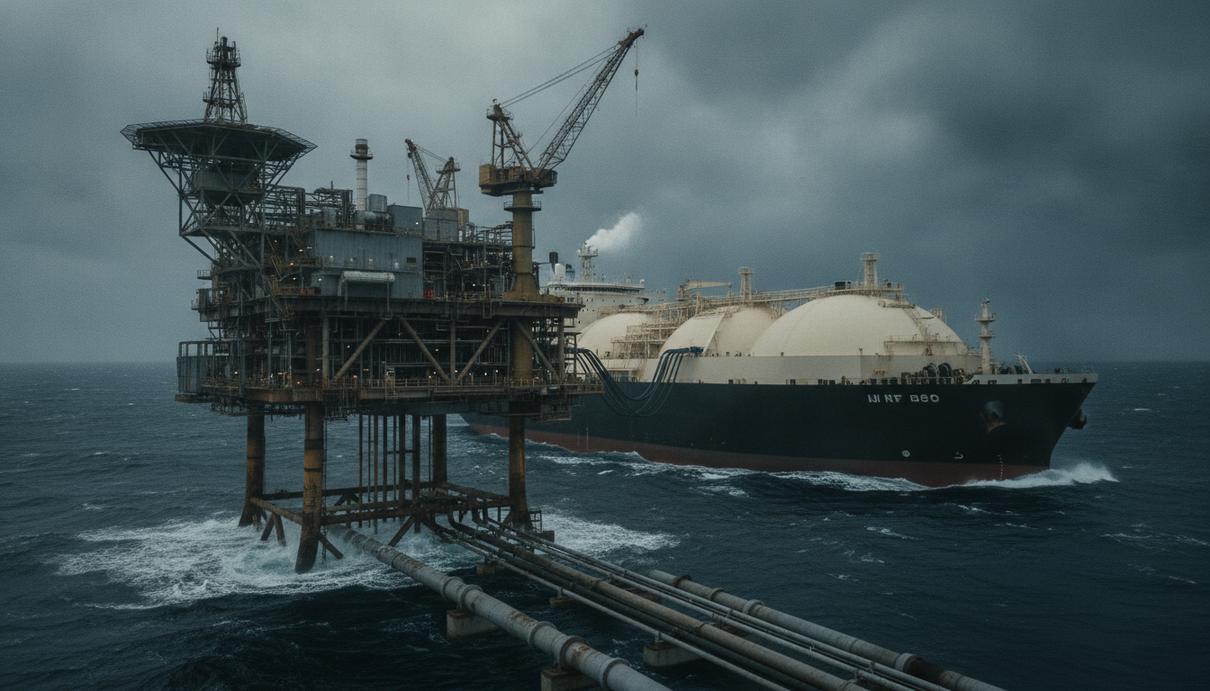 Морская промышленная платформа в Северном море и пришвартованный рядом танкер для перевозки сжиженного газа.