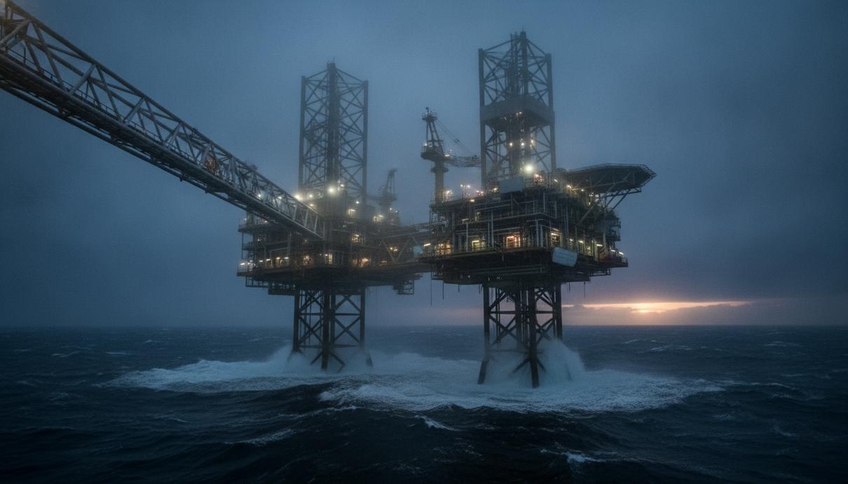 Нефтегазовая буровая платформа в море среди высоких волн в сумерках, освещенная промышленными прожекторами.