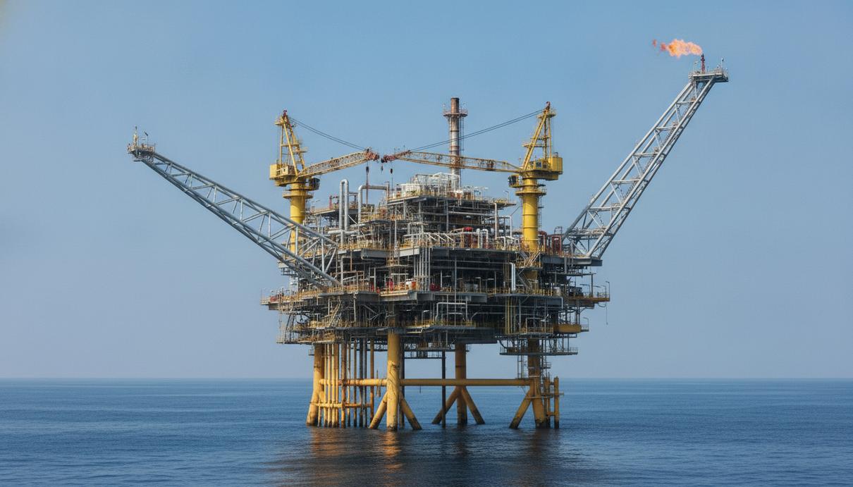 Морская газодобывающая платформа с желтыми и серыми стальными опорами в открытом море.