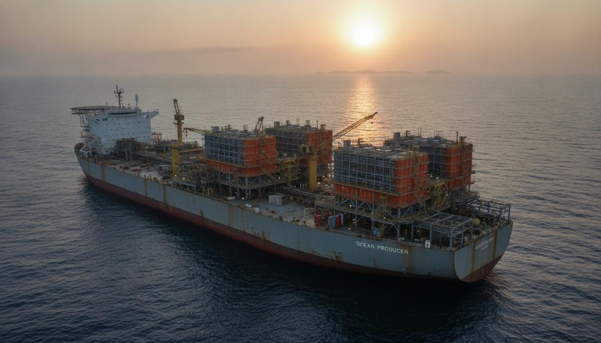 Плавучая установка для добычи, хранения и отгрузки нефти (FPSO) в море у побережья Ганы. На палубе судна установлено новое промышленное оборудование.