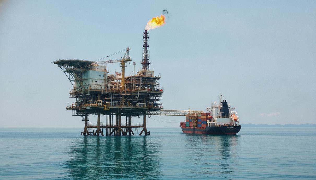 Морская нефтегазовая платформа в океане, рядом находится транспортное судно на фоне ясного неба.