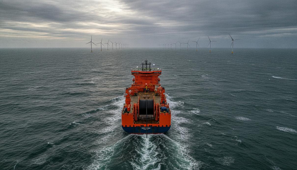 Boskalis получила контракт на €50–150 млн для ветропарка Zeevonk Специализированное судно-кабелеукладчик Boka Ocean в Северном море во время прокладки подводного кабеля. На горизонте видны ветрогенераторы.
