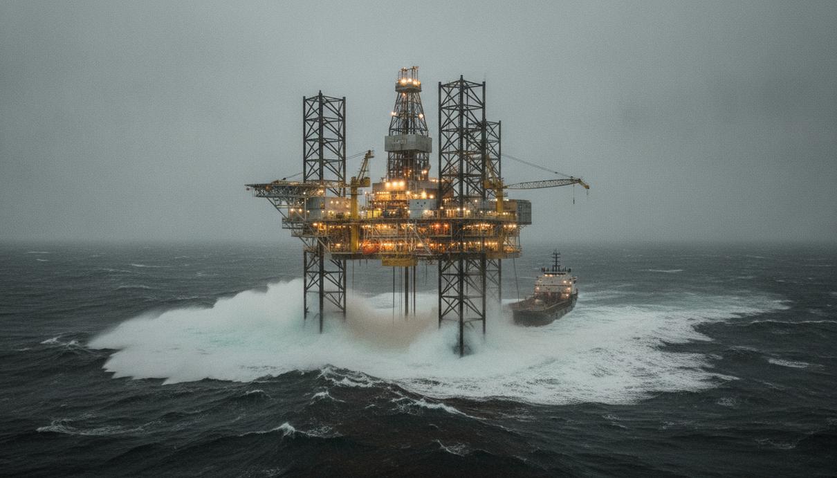 Borr Drilling получила контракты на буровые установки в Африке и Британии Самоподъёмная морская буровая установка в море в пасмурный день. Волны бьются о стальные опоры платформы.