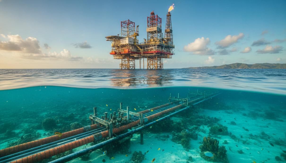 Морская нефтегазовая платформа Mahogany B в Карибском море у берегов Тринидада и Тобаго и подводные трубопроводы на морском дне.