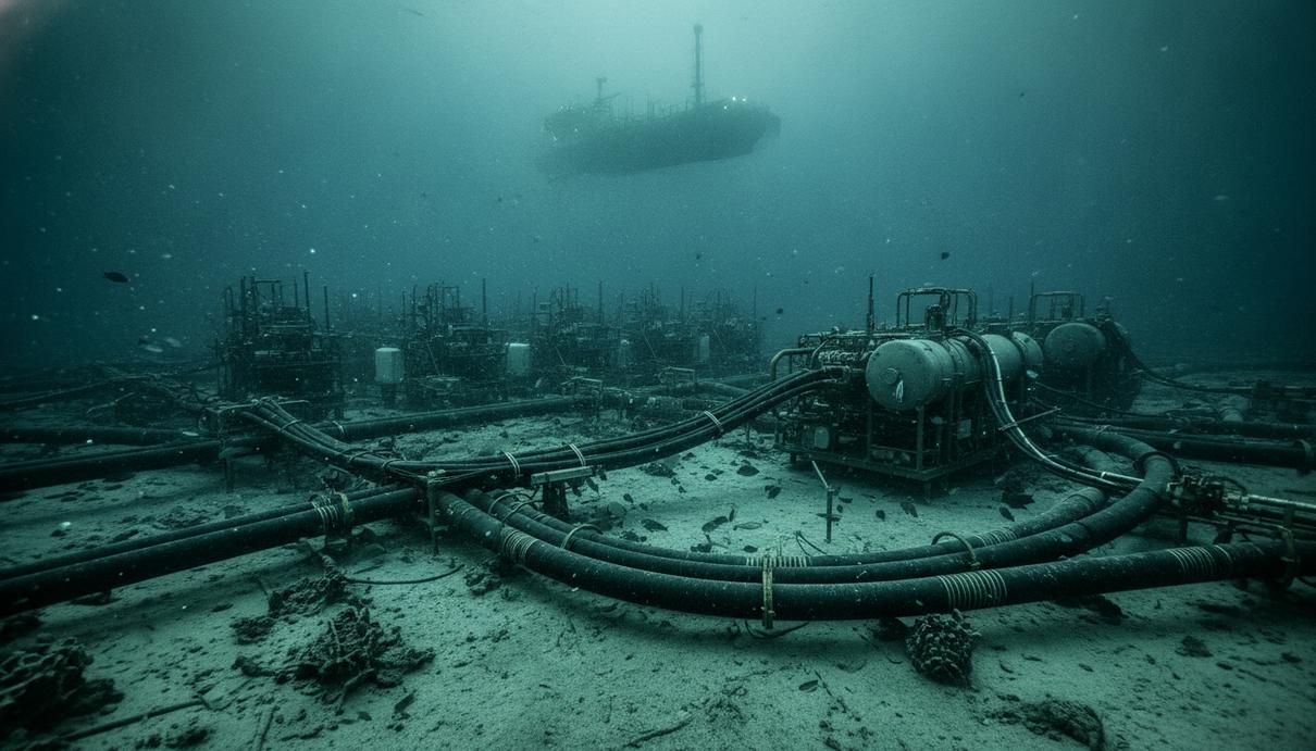 Гибкие трубопроводы и оборудование для подводной добычи на морском дне. На поверхности виден силуэт нефтяной платформы.