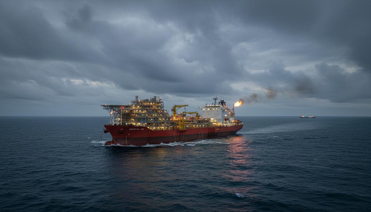 Плавучая установка для добычи, хранения и отгрузки нефти (FPSO) в открытом море у побережья Канады в Северной Атлантике.
