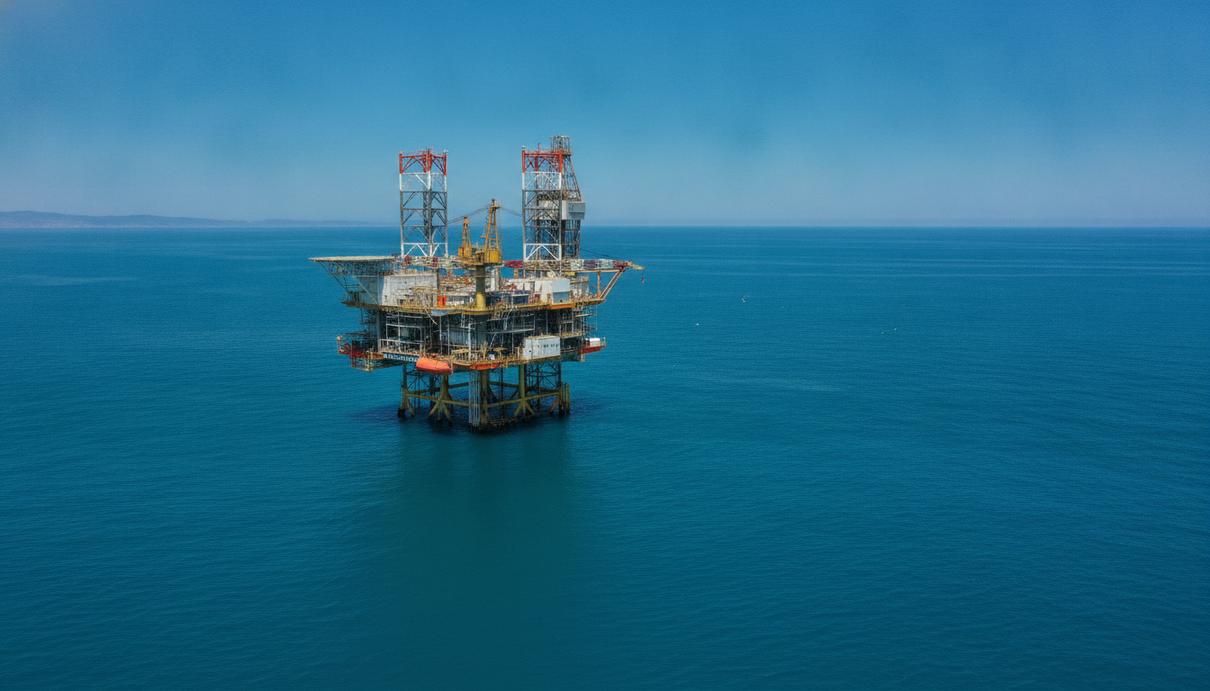 Морская платформа для разведки и добычи природного газа в Средиземном море. Вид на буровую установку и горизонт.
