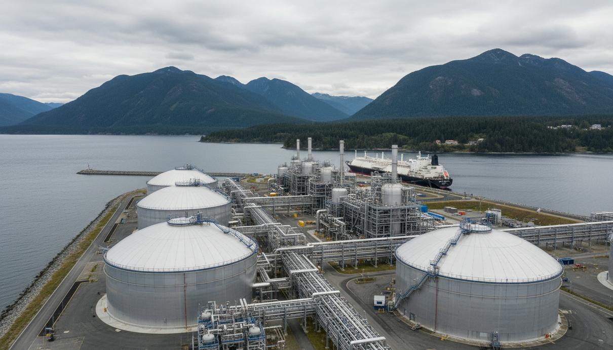Крупный завод по сжижению природного газа LNG Canada на побережье Британской Колумбии с резервуарами и технологическими линиями.
