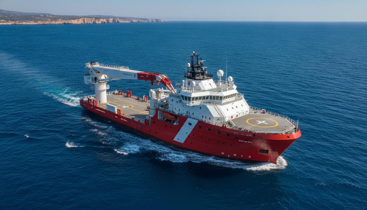 Красно-белое многоцелевое морское судно с вертолётной площадкой и краном идёт по открытому морю.
