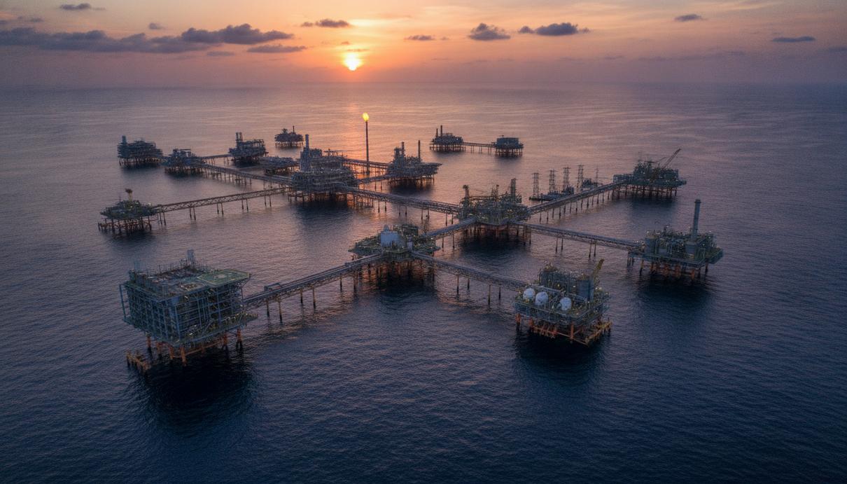 Морские нефтегазовые платформы месторождения Marjan в Персидском заливе на закате. Вид с воздуха.