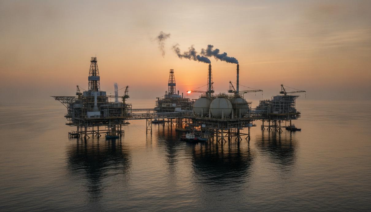 Морская нефтегазовая платформа и промышленная инфраструктура с металлическими трубами в океане на рассвете.