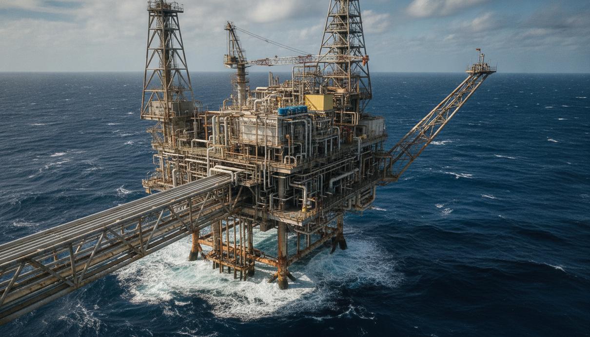 Морская газодобывающая платформа с металлическими конструкциями и трубами в открытом море