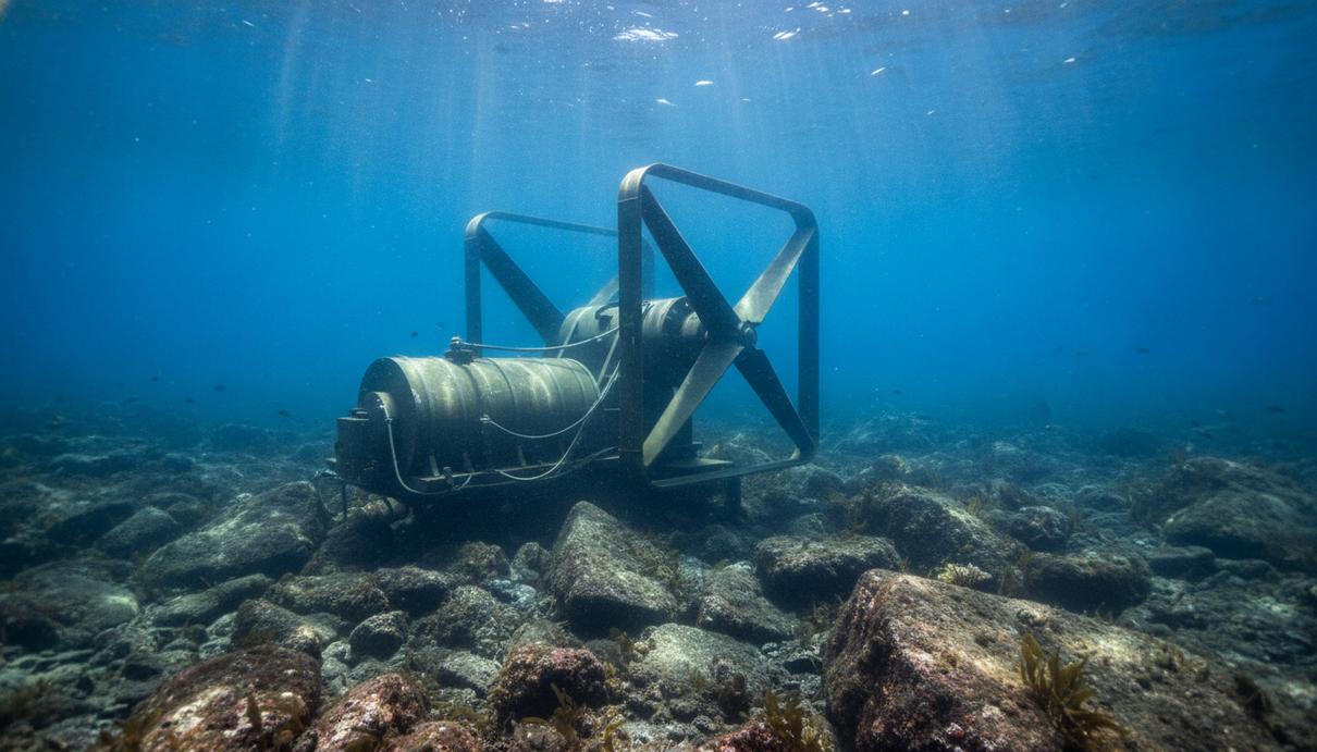 Minesto и Trayen Power построят приливные электростанции в Чили Подводная турбина для генерации приливной энергии, закрепленная на скалистом океанском дне в прозрачной воде.