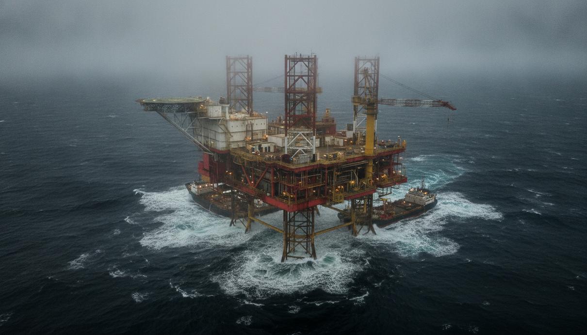 Equinor и Aker BP совместно разработают трудноизвлекаемые запасы в Норвегии Морская нефтяная платформа в открытом море среди высоких волн в туманную погоду.