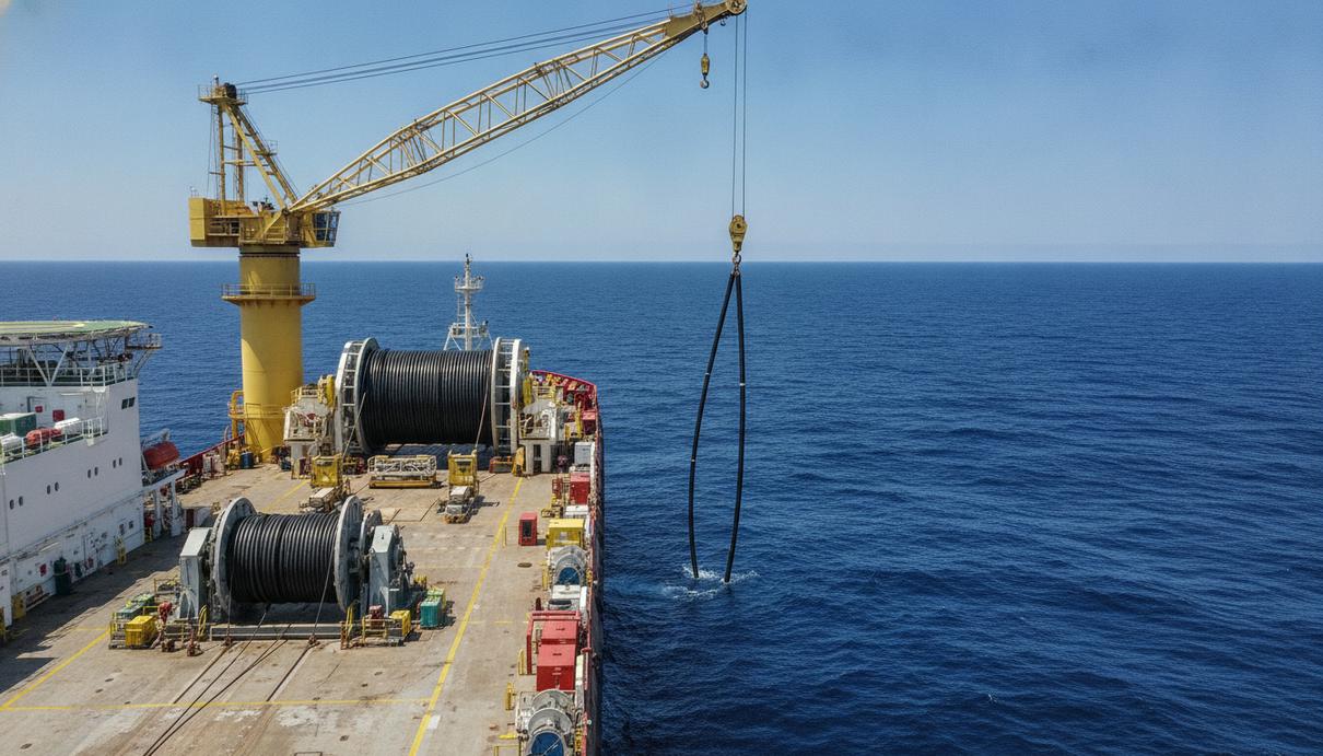 Strohm поставит композитные перемычки для газового проекта в Азии Промышленное судно в открытом море. Большой кран опускает гибкие черные трубы в воду с металлической палубы.