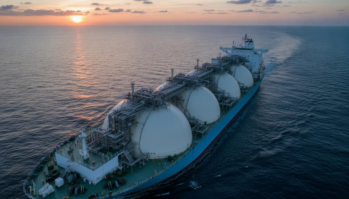 Огромный танкер-газовоз для перевозки СПГ в открытом море на рассвете, вид сверху. На палубе видны криогенные танки и трубопроводы.