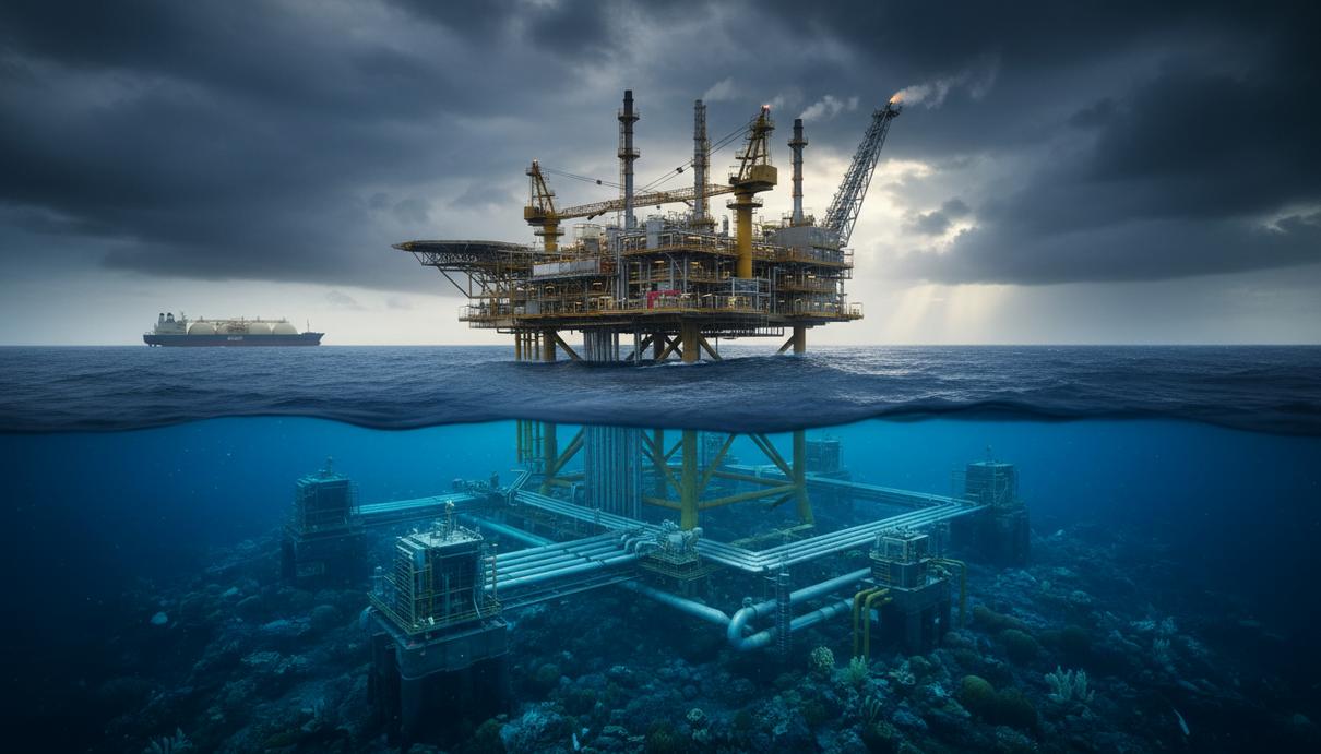 Глубоководное газовое месторождение в океане. На морском дне видны подводные трубопроводы и манифольды, на поверхности вдали – танкер-газовоз.