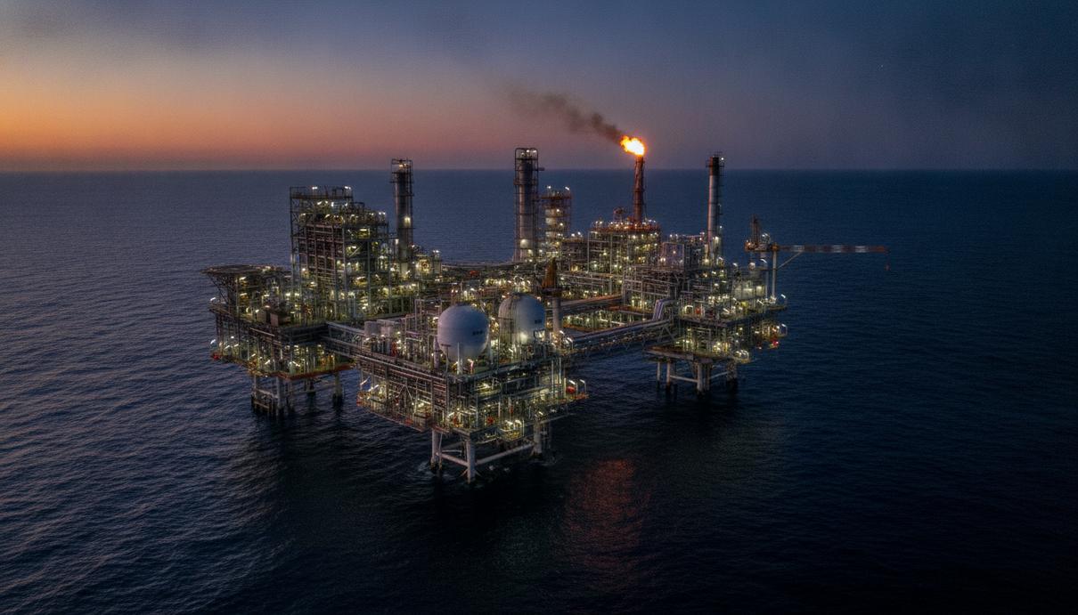 EnerMech продлит контракт с Chevron в Австралии до 2031 года Морская газоперерабатывающая платформа у побережья Австралии в вечернее время. Промышленное освещение, сложная система труб и технологических установок.
