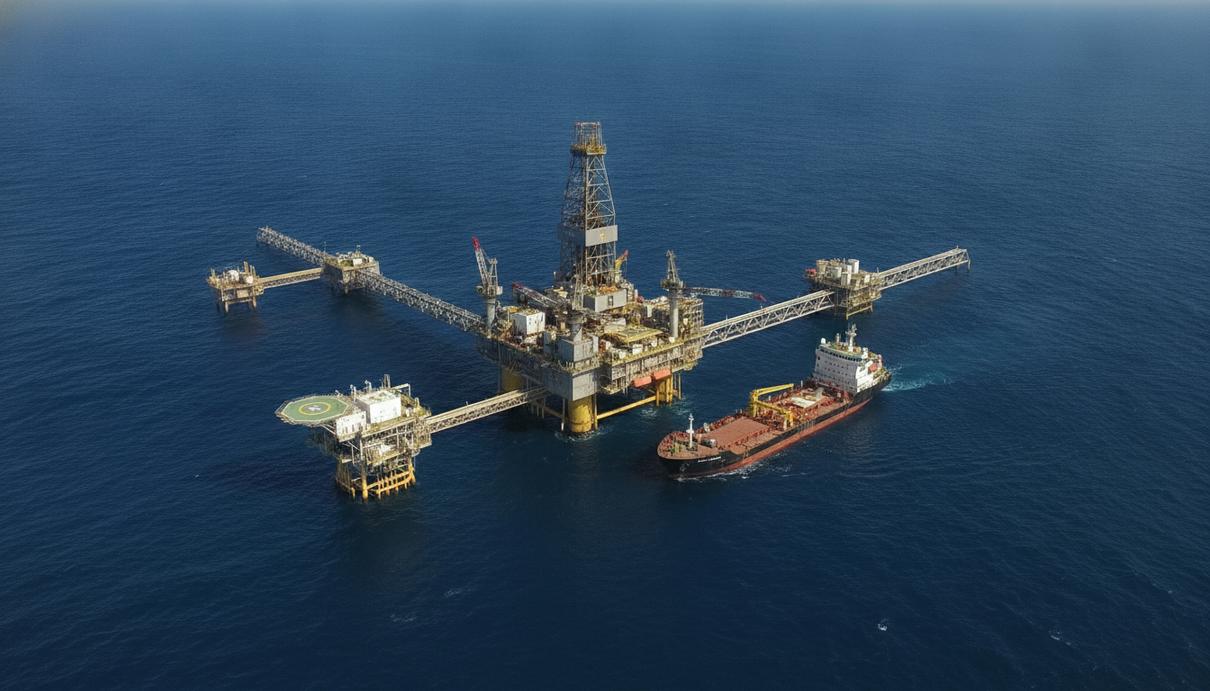 Морская нефтяная буровая установка с высокой стальной вышкой в открытом океане в светлое время суток.