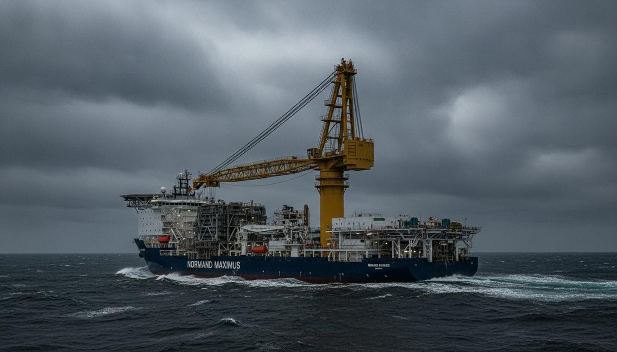 Solstad Offshore выкупит судно Normand Maximus за $125 млн Крупное строительное судно для подводных работ Normand Maximus в море. На палубе виден большой грузовой кран.