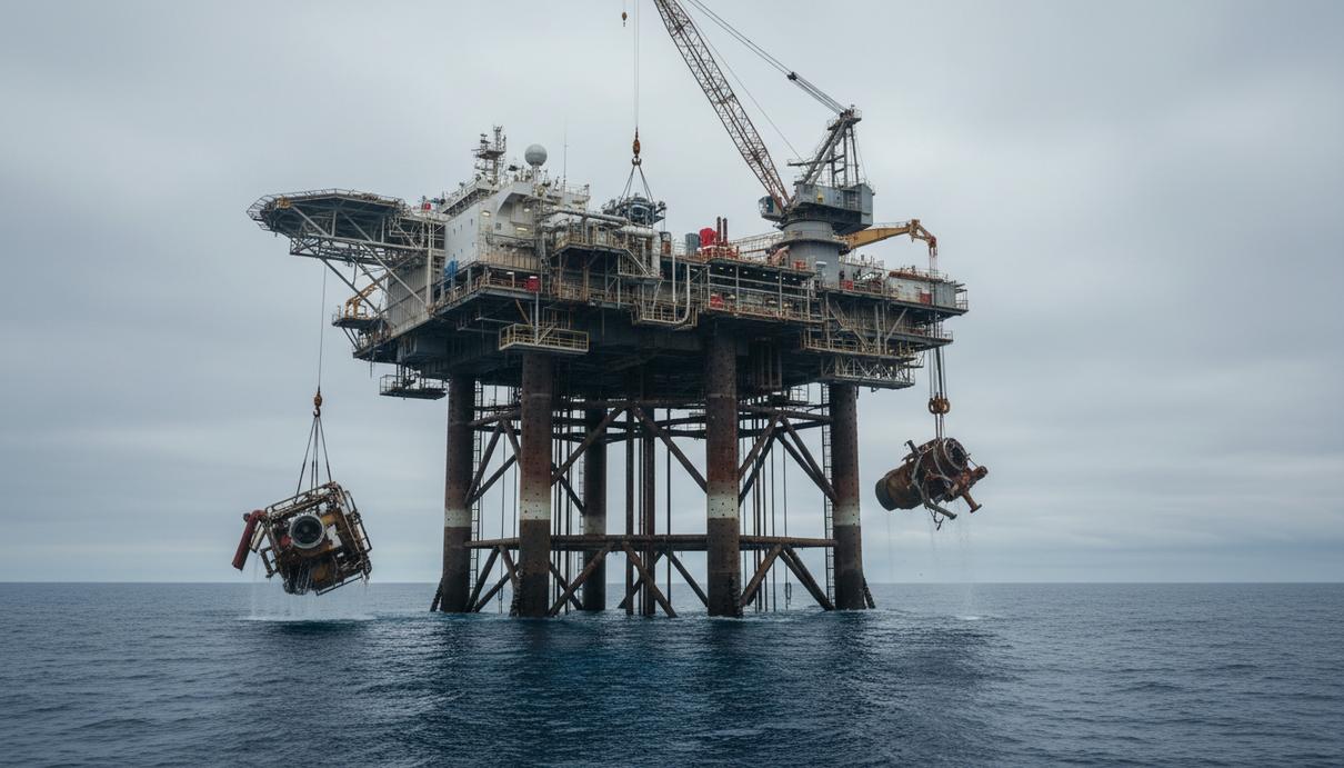 Perenco ликвидировала подводные скважины на юге Северного моря Самоподъемная морская платформа с высокими металлическими опорами и кранами работает в водах открытого моря.