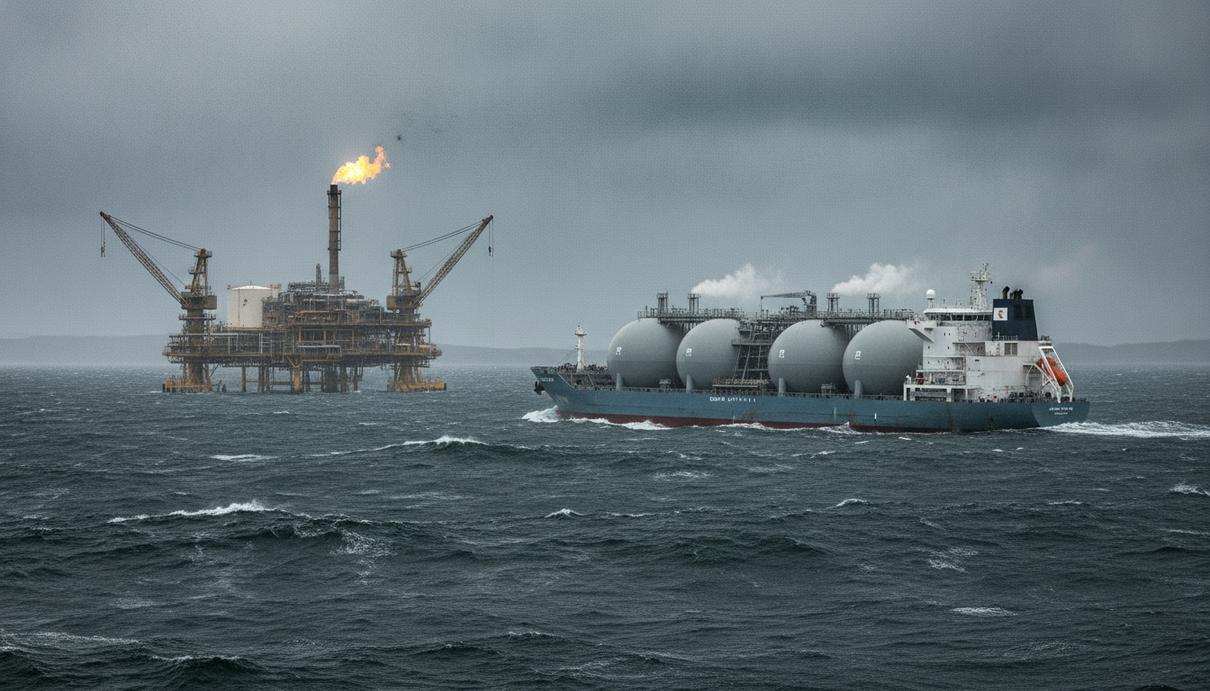 Специализированное судно для перевозки сжиженного CO2 в Северном море на фоне морского промышленного терминала в пасмурную погоду.