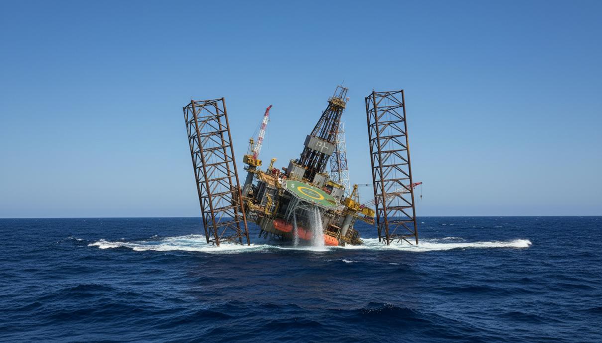 У побережья Габона затонула буровая платформа Borr Drilling Затонувшая в море самоподъемная буровая платформа. Металлические опоры и буровая вышка выступают из темной воды.